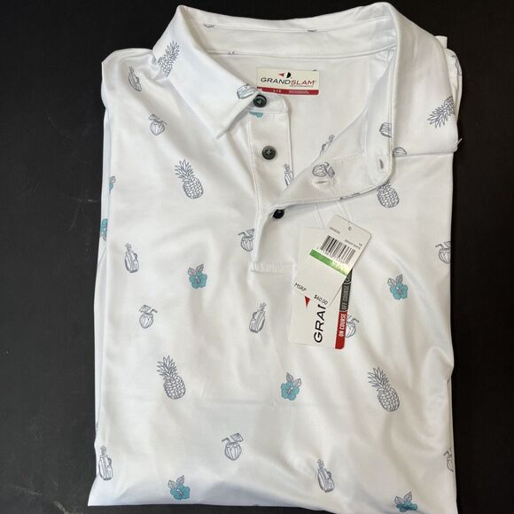 Men’s Grand Slam Brand Golf Polo White With Pineapple Golf Bag Large NWT - Picture 1 of 6